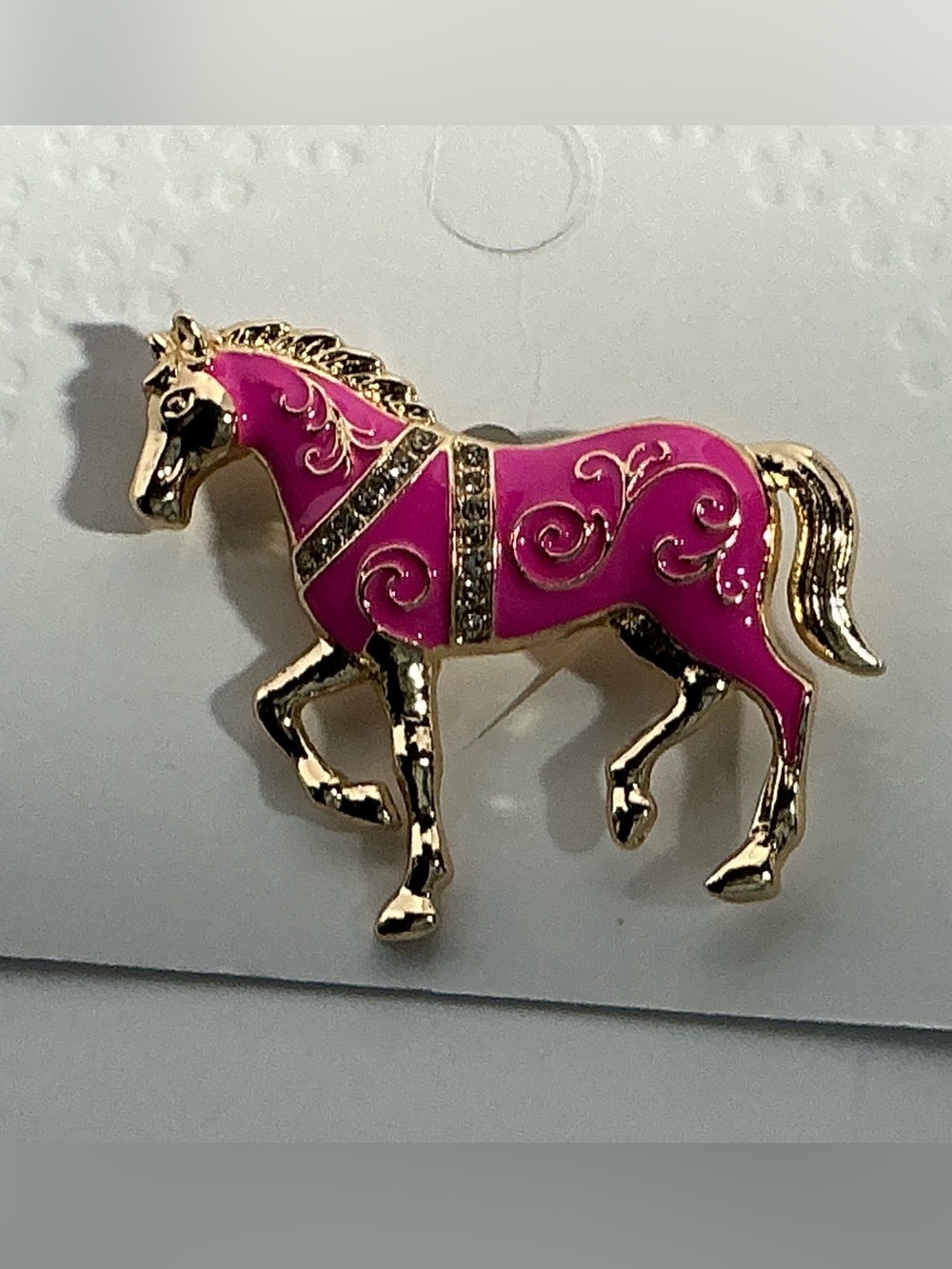 Gold-Tone Pink Horse Brooch